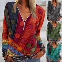 crop top women vintage printed zipper v neck women blouse plus size long sleeve thin autumn blouse ladies clothing