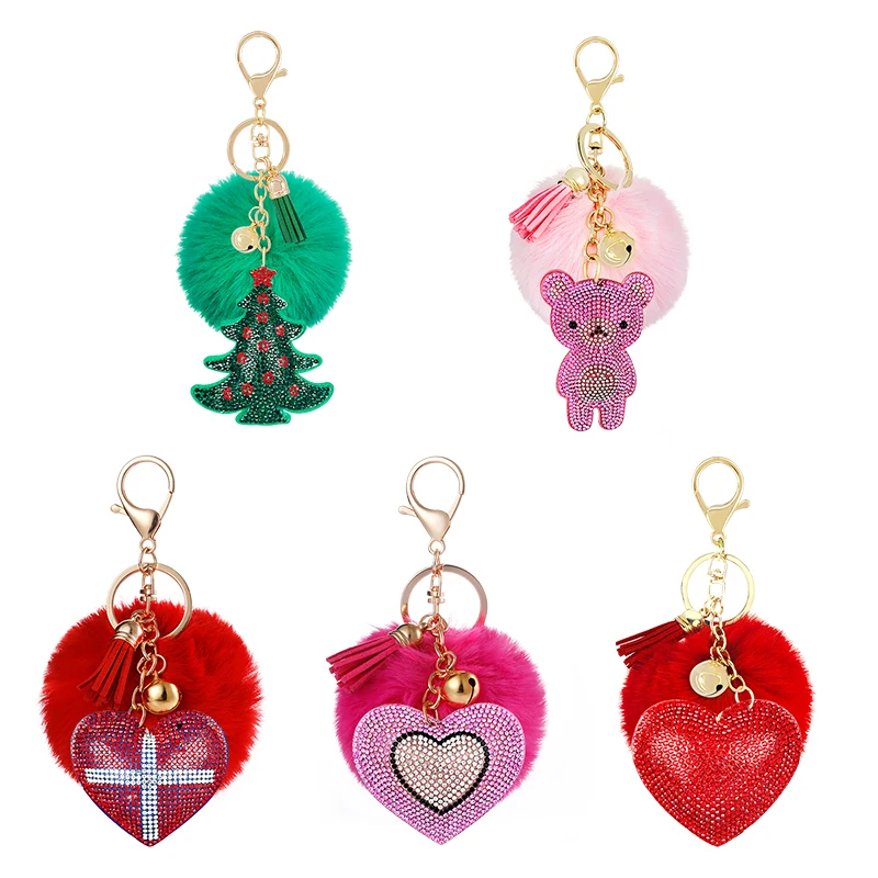 

2020 new rhinestone non-woven fabric 8cm pompom keychain pendant small gift creative love bear Christmas element modeling