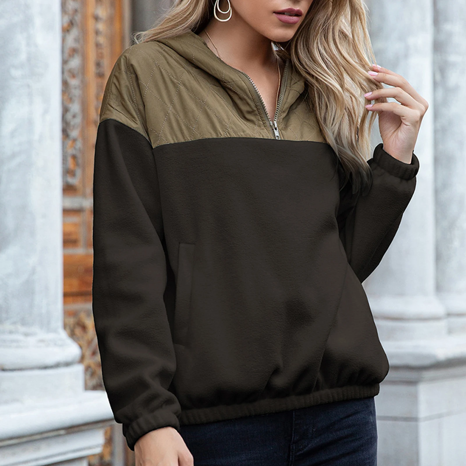 

Women Autumn Color Block Double-side Faux Fleece Hoodie Zip Loose Sweatshirt