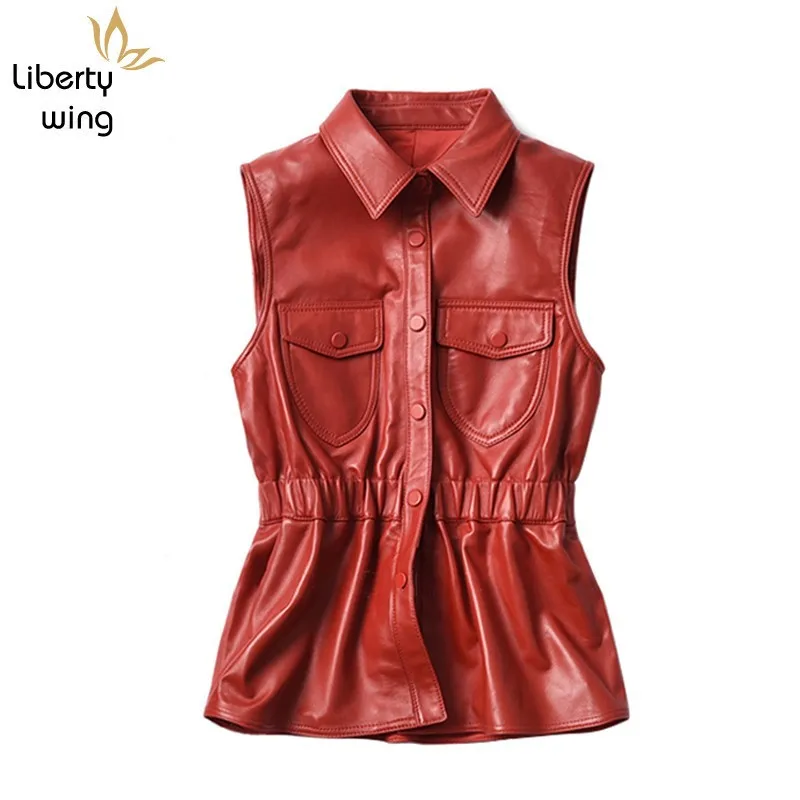 Жилет женский из овечьей кожи с карманами на резинке однобортный | Женская одежда