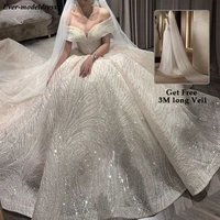 luxury wedding dresses 2021 off shoulder african sparkly v neck lace up back ball gown court train bridal robe do mariee