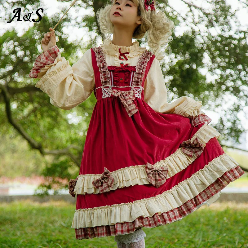 

Anbenser Gothic Lolita Dress Women Victorian Medieval Plaid Red Dresses Girls Princess Knot-bow Dress Christmas Cosplay Costume