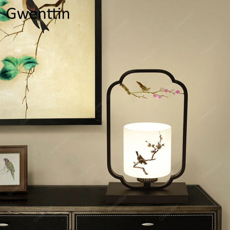 Настольная лампа в китайском стиле винтажная черная железная для гостиной