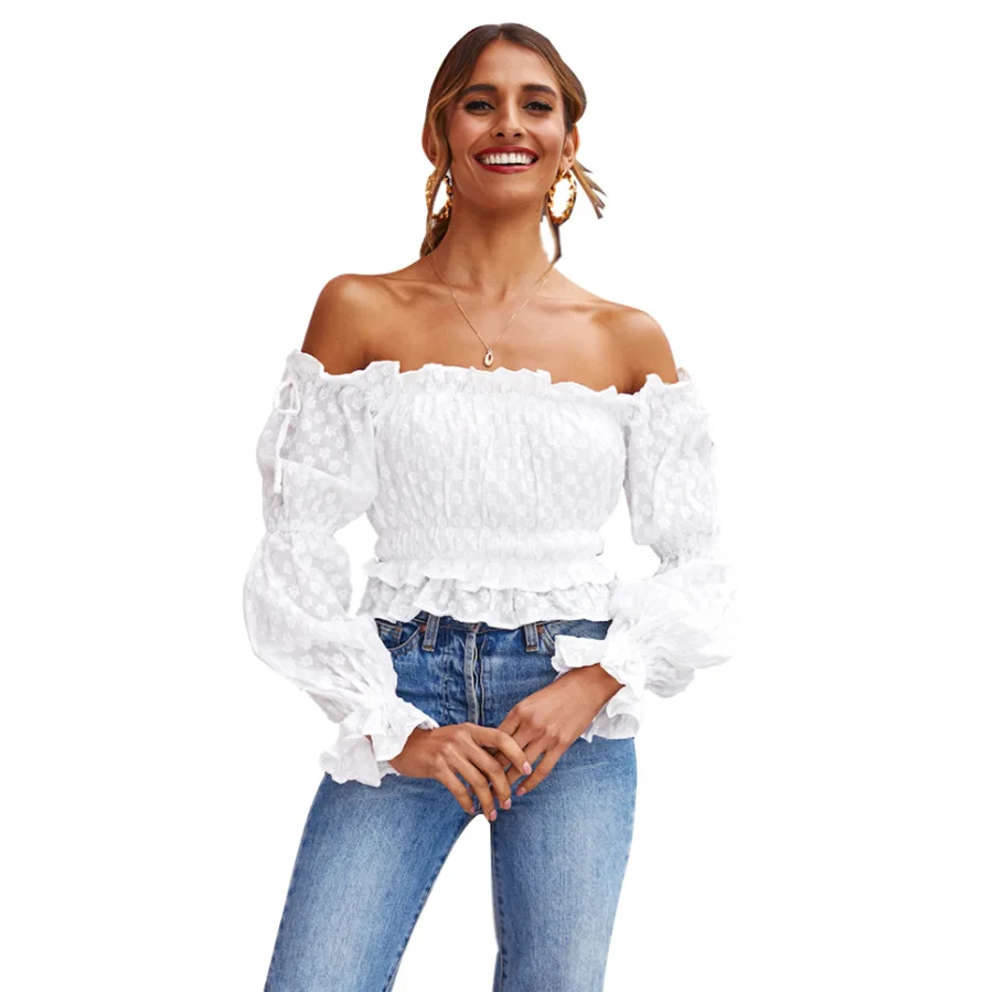 

Pink Sweet Ruffle Long Sleeve White Blouse Shirt Women Elegant Off Shoulder Floral Embroidery Chiffon Crop Top Feamle Tee 2020