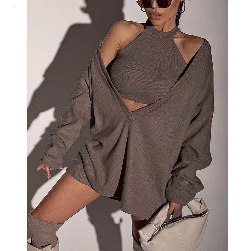 

Женский свободный костюм с длинным рукавом + жилет, сексуальный хлопковый пуловер, Женский уличный костюм, однотонный длинный костюм из син...