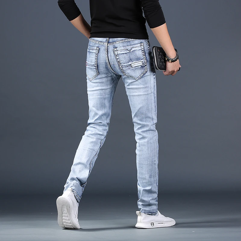 Light Blue Men's Jeans Summer New Casual Stretch Straight Slim Fit Denim Pants