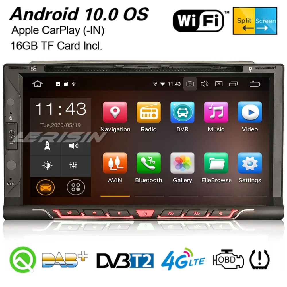Erisin 5137 Android 10 0 Universal Car Stereo CarPlay GPS WiFi Bluetooth TPMS DVB T2 DAB + Радио OBD2 DVR USB SD CD DVD 2Din