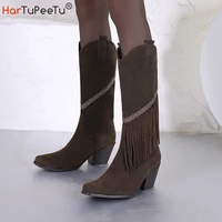 spring autumn female mid calf booties size 3443 retro flock tassel decorate square toe chunky heel women western boots 2022 new