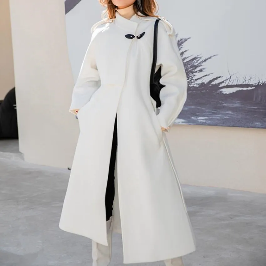 

Женское шерстяное пальто средней длины, белое Свободное пальто с защитой от ветра, приталенное, плотное, осенне-зимнее пальто