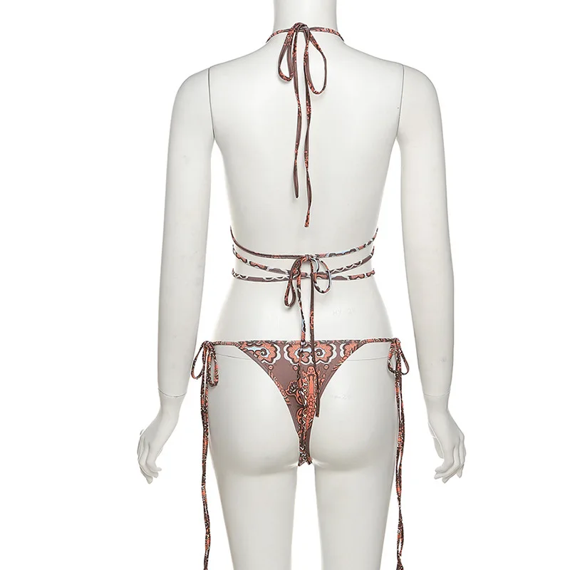 

Printed Lace Up 2 Piece Beach Set Bandage Swimsuit Vacation Summer Halter Bikini Top+Thong Briefs Two Piece Set Women Outfits