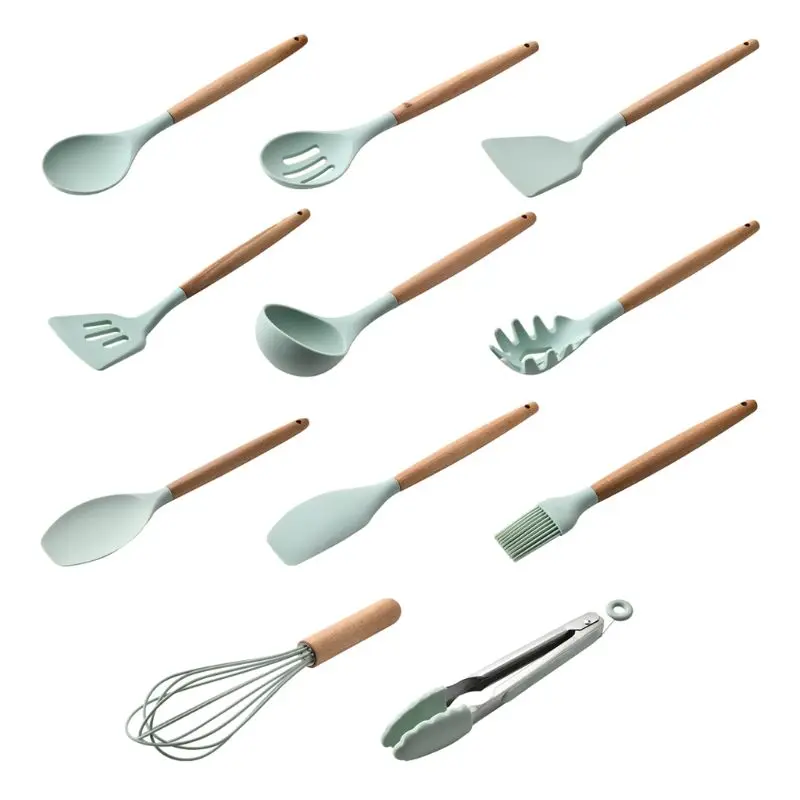 

Non-toxic Silicone Kitchen Cooking Utensils Set Natural Wooden Handles Cooking Tools Turner Tongs Spatula Spoon Cookware