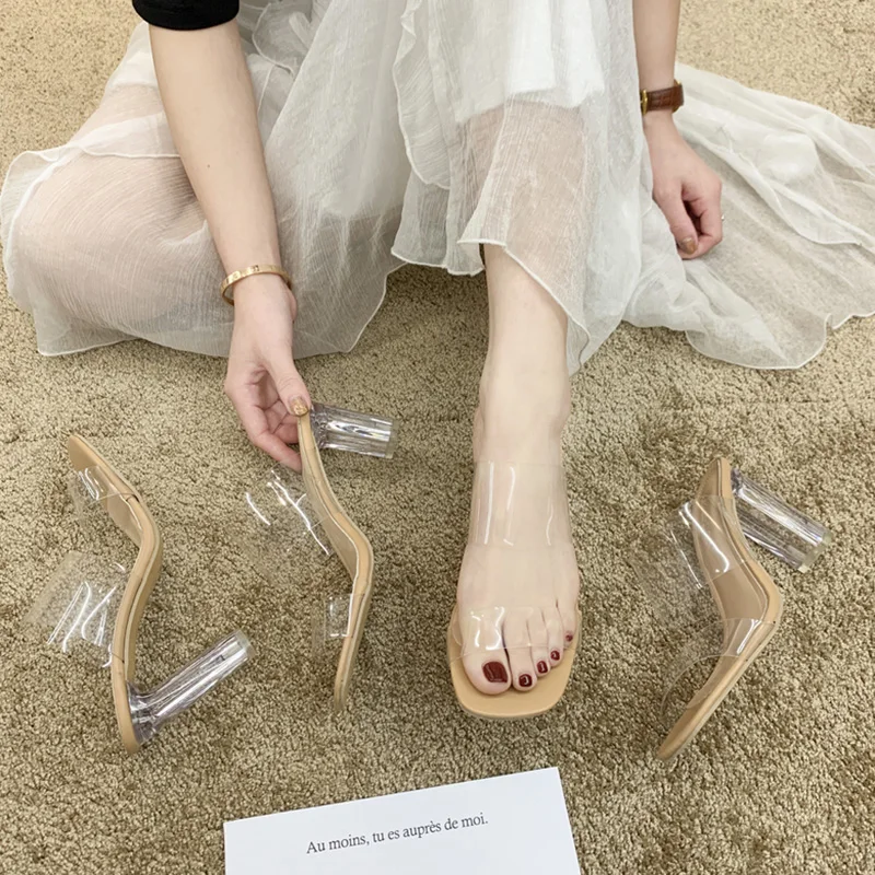 

Transparent Slippers High-Heeled Shoes Lady Slides Square heel Jelly Flip Flops Slipers Women Fashion Block Glitter Summer 2021