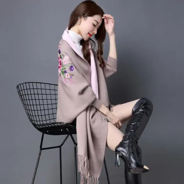 Женское Вязаное пончо с принтом длинный свитер V-образным вырезом и рукавом