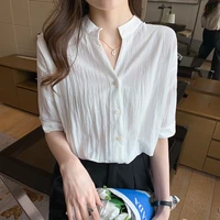 qoerlin s 2xl half sleeve singel breasted white shirt summer o neck loose casual korean fashoin office ladies blouse buttons top
