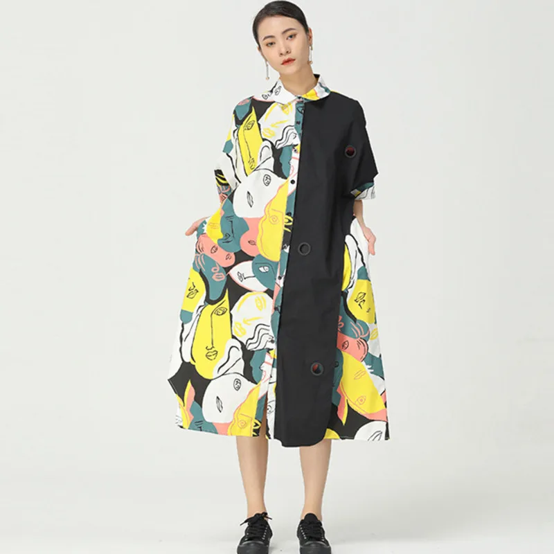 

QING MO 2021 Summer New Women Shirt Dress Loose Large Size Trend Stitching Dress Abstract Face Printing Fashion Dress ZWL185