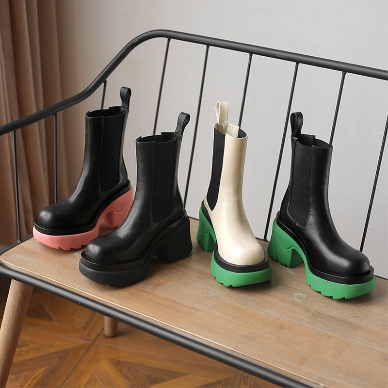 

2021 Autumn Street Fashion Women Ankle Boots High Heels Stretch Slip On Punk Military Boots Women PU Leather Platform Shoes