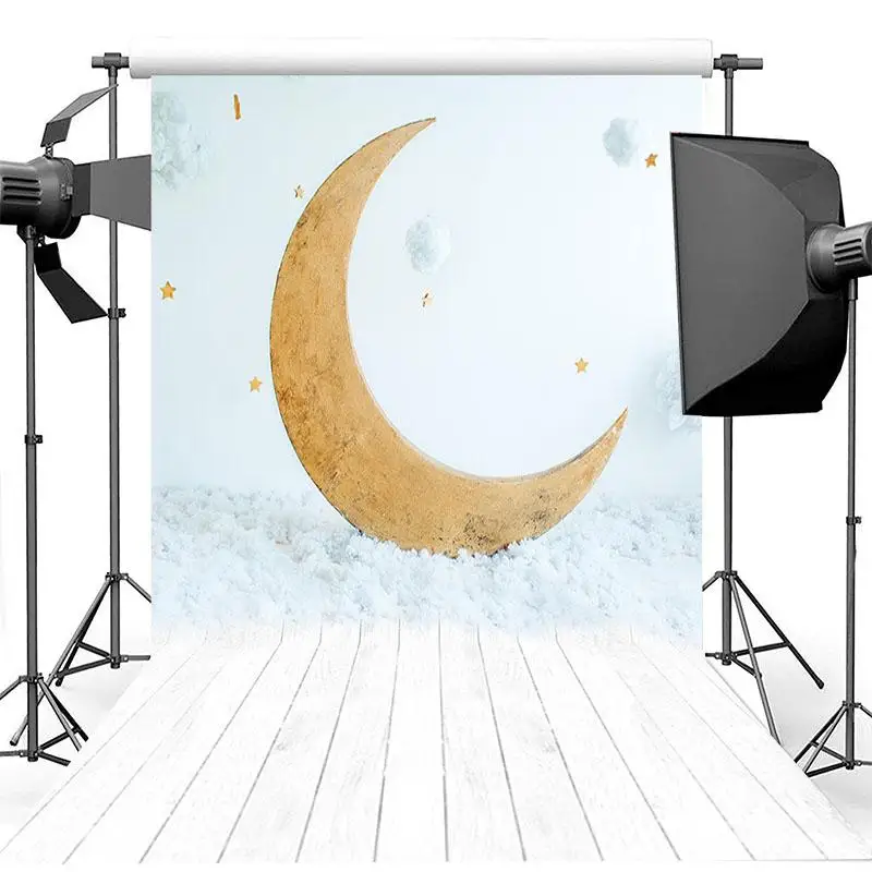 

Голубое небо Золотая Луна Новорожденный ребенок Фотография фоны белый деревянный фото реквизит Студия Стенд фон для фотографий