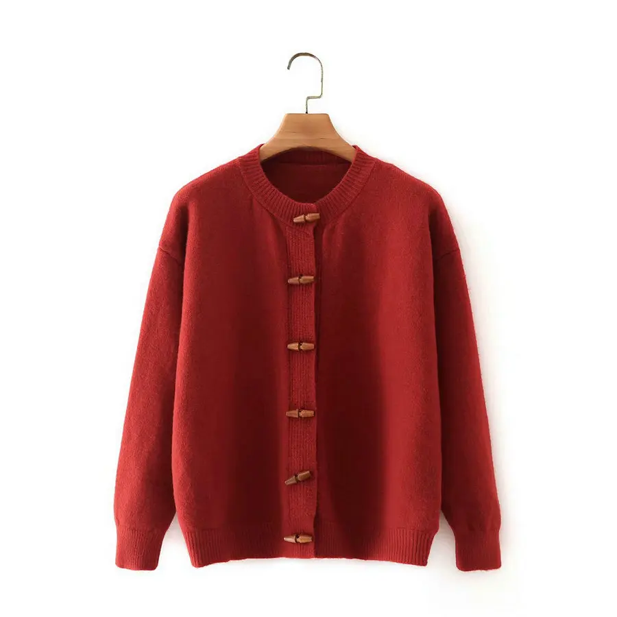 

Apring Autumn Women Red Cardigan Sweater Horn Button Front Round Neck Sloping Shoulder Design Knitwear Cozy Knitting Clothes