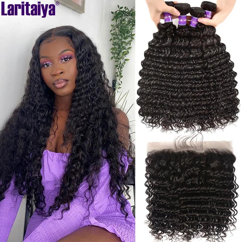 Malaysian Deep Wave Bundles With Frontal 100% Human Hair 2/3 Bundles With Closure 4x4 13x4 Transparent Lace Frontal With Bundles