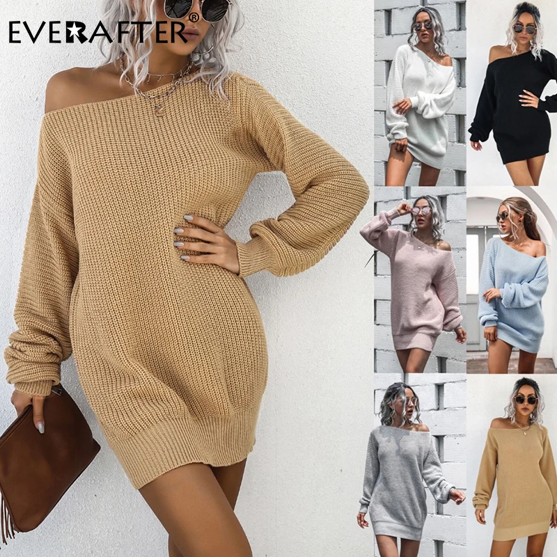 

EVERAFTER Elegant off shoulder knitted dress women solid long sleeve loose casual warm dress Autumn winter Ladies dress 2021