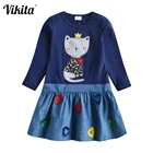 VIKITAплатье для девочек; Осеннее хлопковое платье с длинными рукавами; Платье принцессы с вышивкой в виде кота; Детские повседневные костюмы; Одежда для детей
