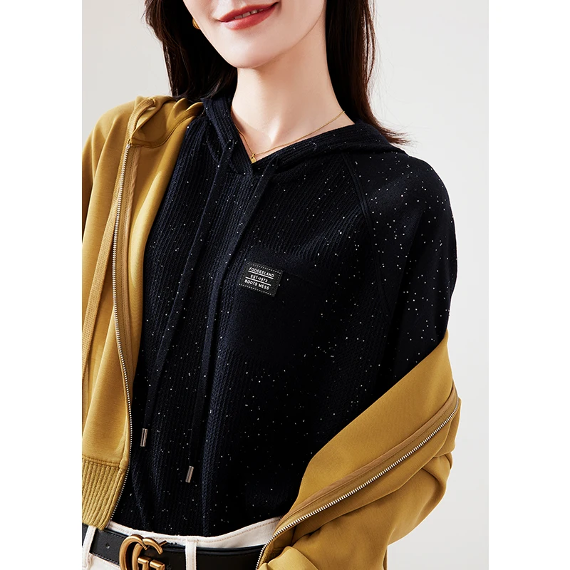 SHUCHAN Hooded  Womens Sweaters with Short Sleeve Summer 50% Wool Sequins Casual  Solid  Thin (Summer)