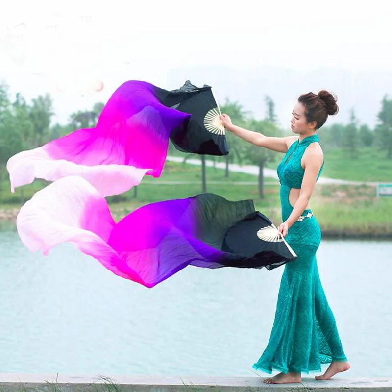 

1.8M/2.1M long Fan Veils Women Gradient BellyDance 100% Real Silk Fan Veil 1Pair/2pcs Professional Stage Dance Silk Veil Fan