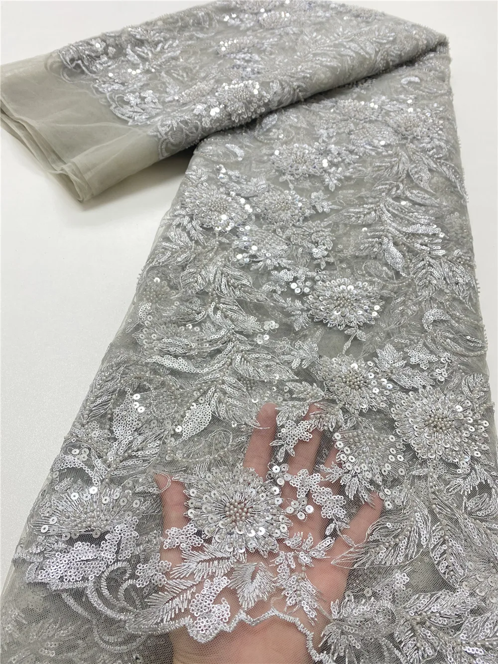 

NI.AI Red African Embroidery Tulle Lace Fabric With Beads 2021 High Quality French Lace Fabric With Sequins 5 Yard NI5064