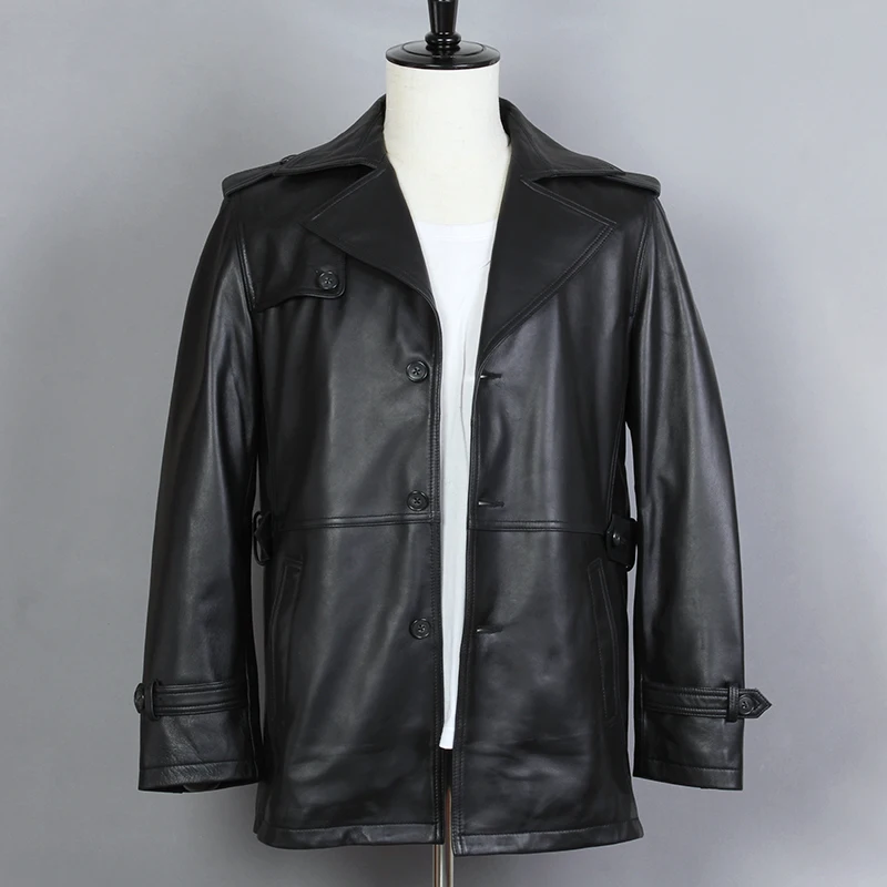 Мода 2020 Мужская натуральная кожа черная овчина однобортное зимнее пальто для