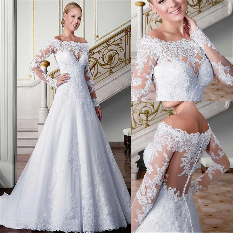 Женское свадебное платье с длинным рукавом кружевной аппликацией и пуговицами