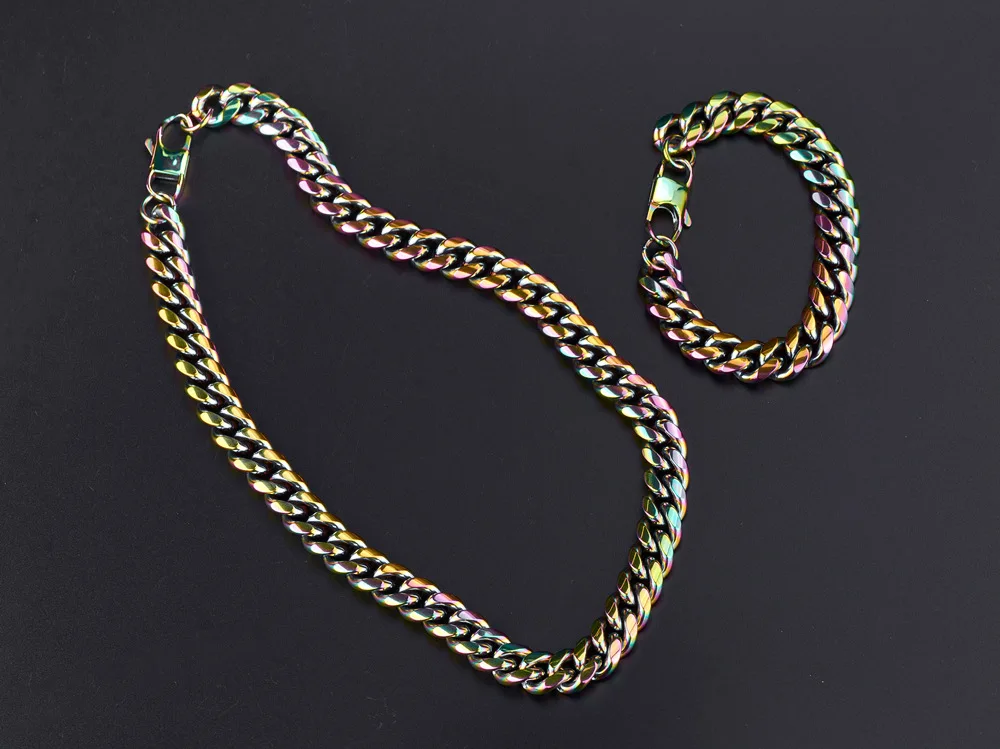

12MM Colorful Cuban Chain Necklaces Choker Stainless Steel Link Neck for Men Boy Punk Cool Fashion Gift