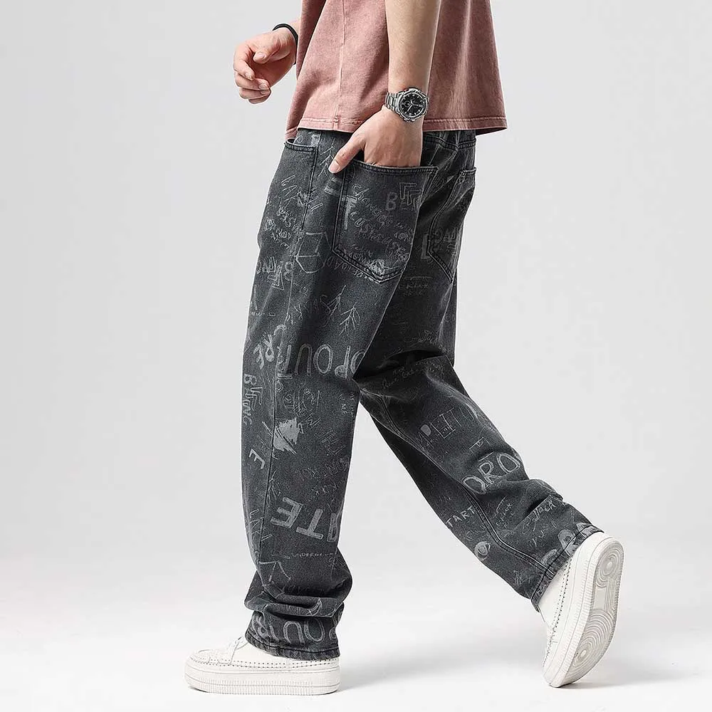 Fashion Printed Cargo Jeans Men's Casual Pants Straight Loose Baggy Skateboard Wide Leg Denim Hiphop Harem Clothing Plus Size