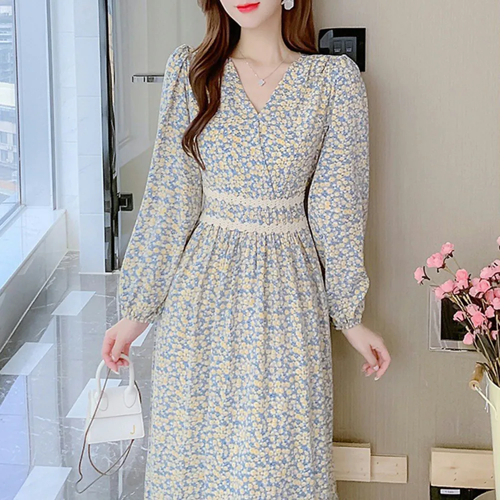 

Spring Fall Dress Women Elegant V-neck Long Sleeve Maxi Dress Sweet Floral Print Garment Korean Fashion Vintage Long Dresses
