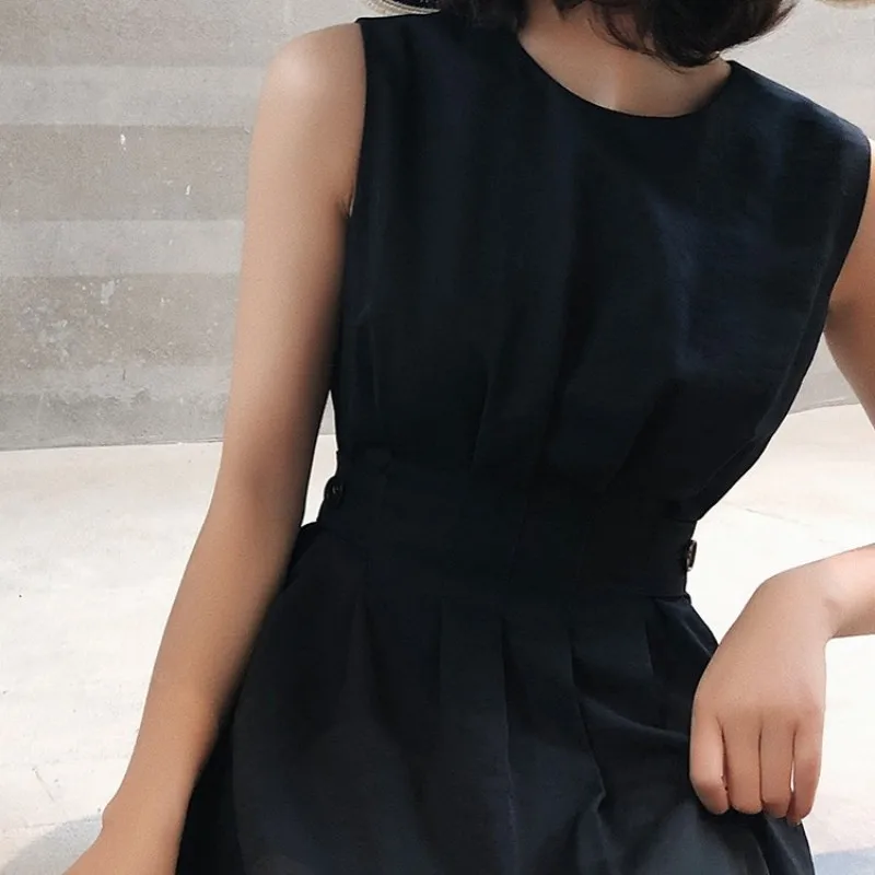 

Designer Summer Sleeveless Tank Dress Slim Waist Classic Black White Mid Calf Long Beach Dresses Vintage Casual Holiday Dress