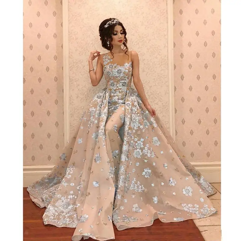 

Royal Style Evening Dresses Robe De Soiree Dubai Evening Gowns Formal Dress Appliqued abiye Prom Dress Detachable Skirt