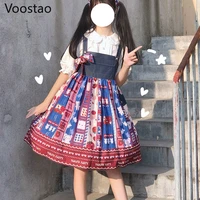 kawaii lolita jsk dress women cute sleeveless tomato bear print denim patchwork party dresses girls sweet lolita suspender dress