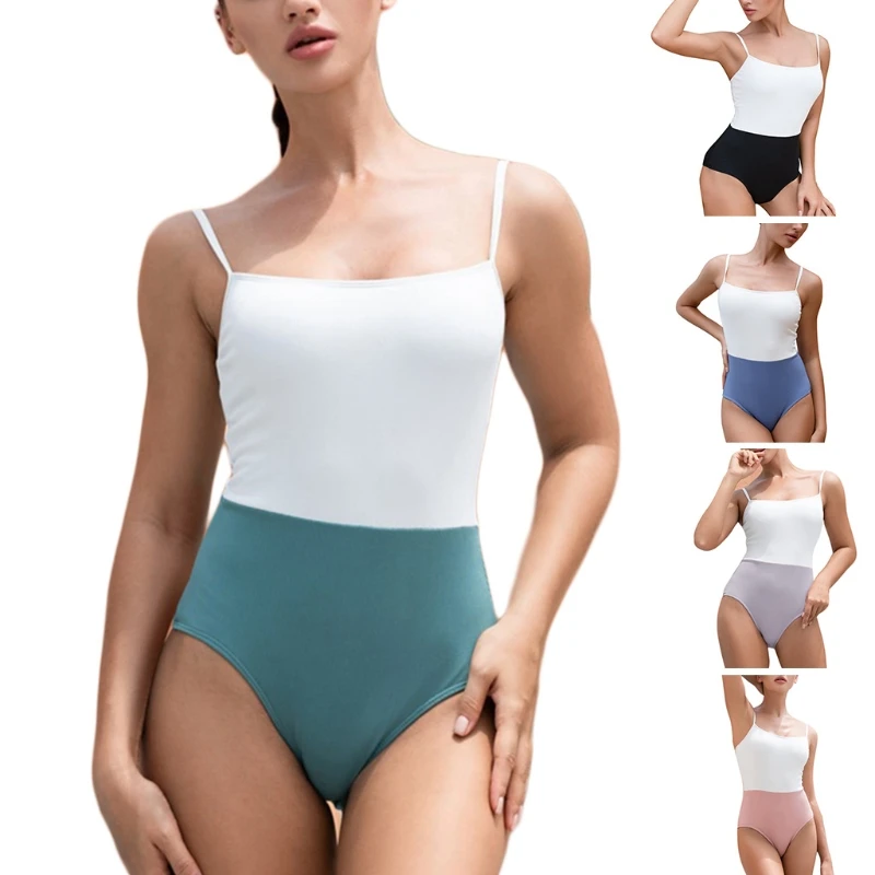 

Women Sexy One-Piece Swimsuit Spaghetti Strap Square Neck Monokini Color Block Padded Bikini Ribbed Triangle Bottom Bathing Suit