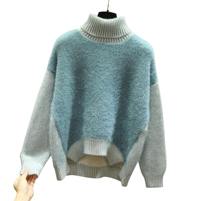 2021 Winter Turtleneck Patchwork Women Sweaters Loose Thicken Warm Lady Elegant Pulls Fashion Outwear Coat Tops | Женская одежда