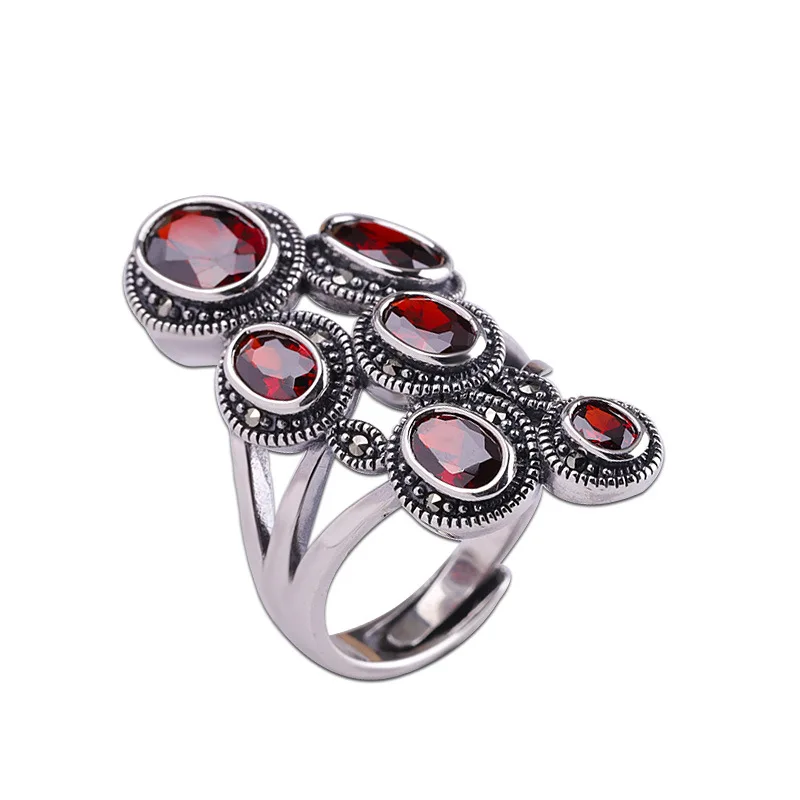 

S925 Sterling Silver Ornament Thai Silver Women's Open Pomegranate Red Ring