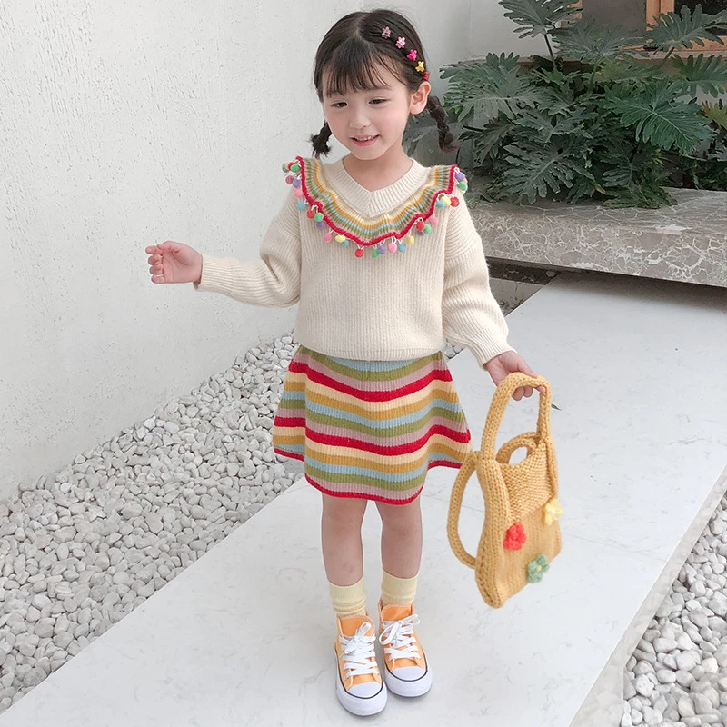 Костюм для девочек новый корейский осенне зимний детский вязаный свитер с