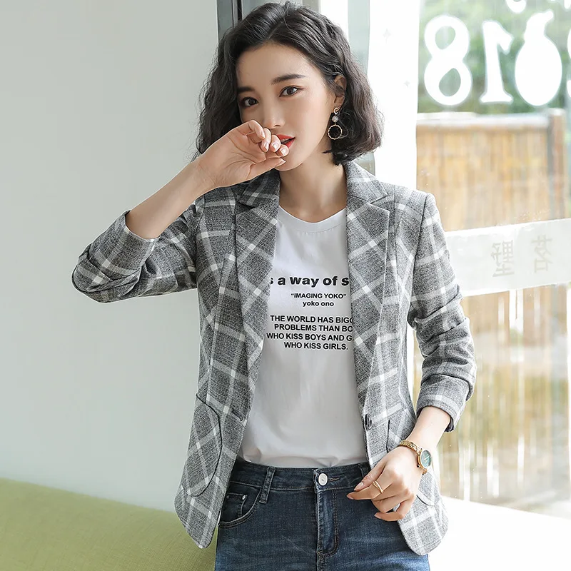 

Fashion England Style vintage plaid Blazer Suit Women OL long Sleeve woman Workwear Blazer Coat Single buckle Ladies Outwears