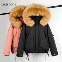 lagabogy 2021 huge real raccoon fur women winter hooded short warm down parkas female 90 white duck down coat lining removable