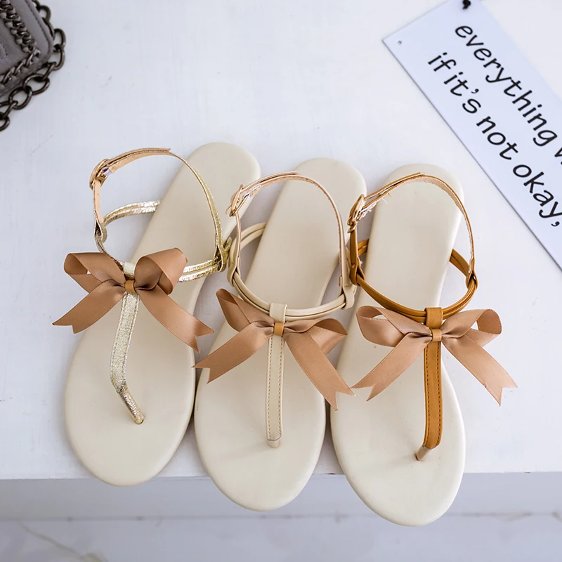 

New Fashion Casual Flat Sandals For Women 2021 Summer Buckle Strap Butterfly-knot Women's Flats Thong Sandales Ladies Shoes