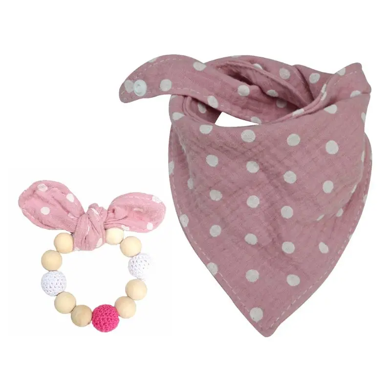 

2Pcs/Set Baby Cotton Bibs Wooden Wristband Teether Soft Saliva Towel Toddler Triangle Scarf Chewing Molar Infant Toy Wholesale