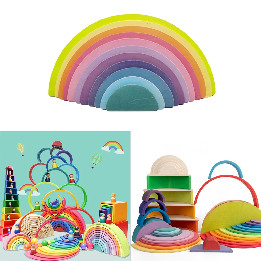 

11PCS Wooden Rainbow Building Blocks Wooden Colorful Stacking Blocks Montessori Soft Warm Color Blocks Toy