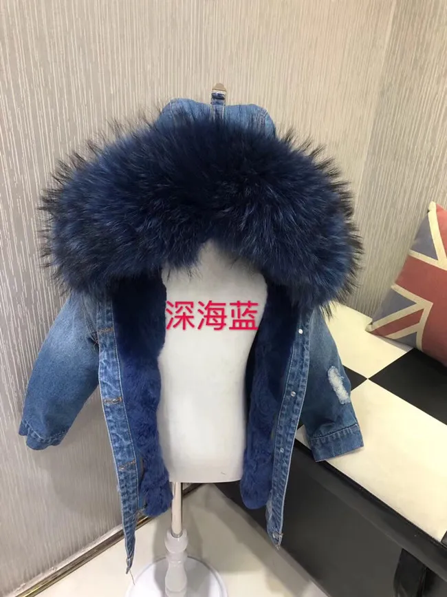 Blue top navy fur Джинсы для маленьких девочек зимняя розовая Меховая куртка с натуральным кроличьим мехом для малышей Детские Длинные парки синие джинсы со съемным мехом и большим меховым воротником для мальчиков - Цвет: Blue top navy fur