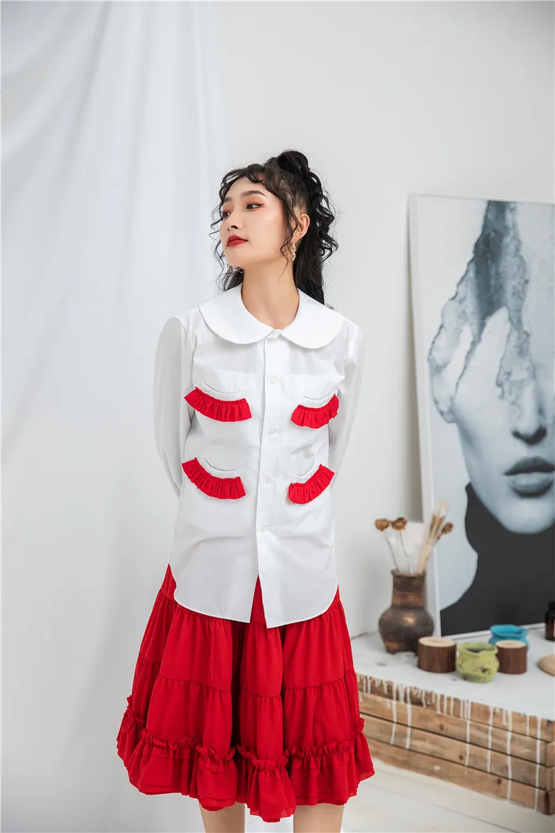 

ZCSMLL Peter Pan Collar Stitching Red Ruffles Blouses Loose Big Size Korean Fashion Long Sleeve Women Shirt Tide