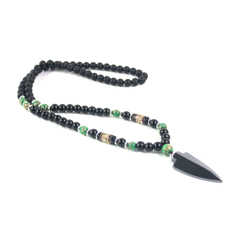 

Black Natural Stone Green Coloured Glaze with Hematite Arrow Pendant Necklace Long Chain Sweater Necklace for Men NSN007