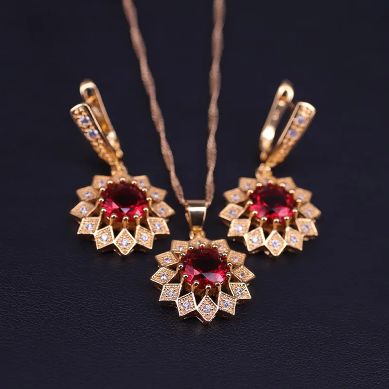 Высшее качество Подсолнухи красный камень золотой цвет костюм серьги ожерелье