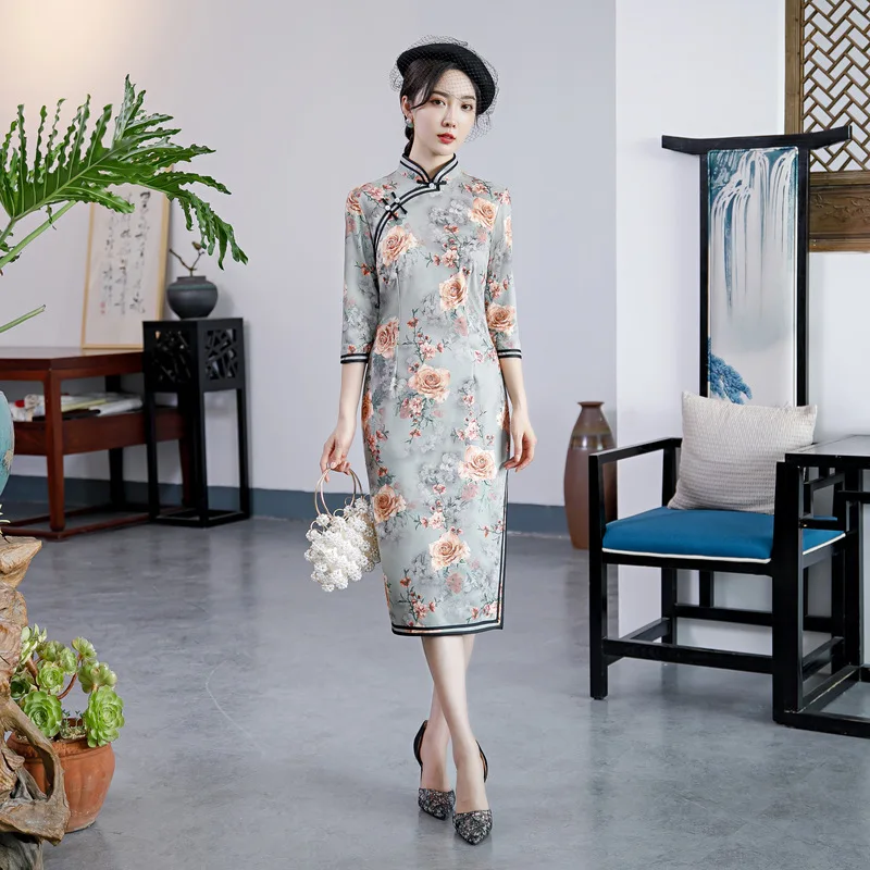 

Sexy Women Suede Daily Casual Dress Autumn Winter New Long Qipao Floral Print Chinese Cheongsam OverSize 5XL